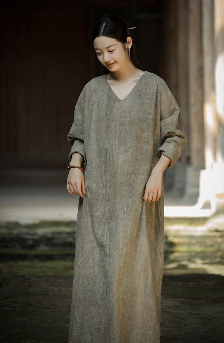 Tao One Tech™ • Zen Artistic Robe Dress • V-Neck • Long-Sleeves • Oversized Relaxed Fit • Tech Pockets • Ramie Cotton