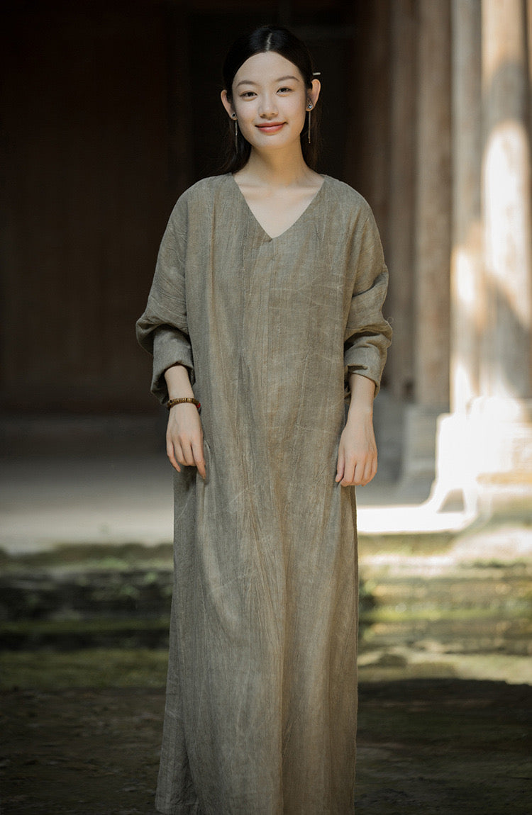 Tao One Tech™ • Zen Artistic Robe Dress • V-Neck • Long-Sleeves • Oversized Relaxed Fit • Tech Pockets • Ramie Cotton