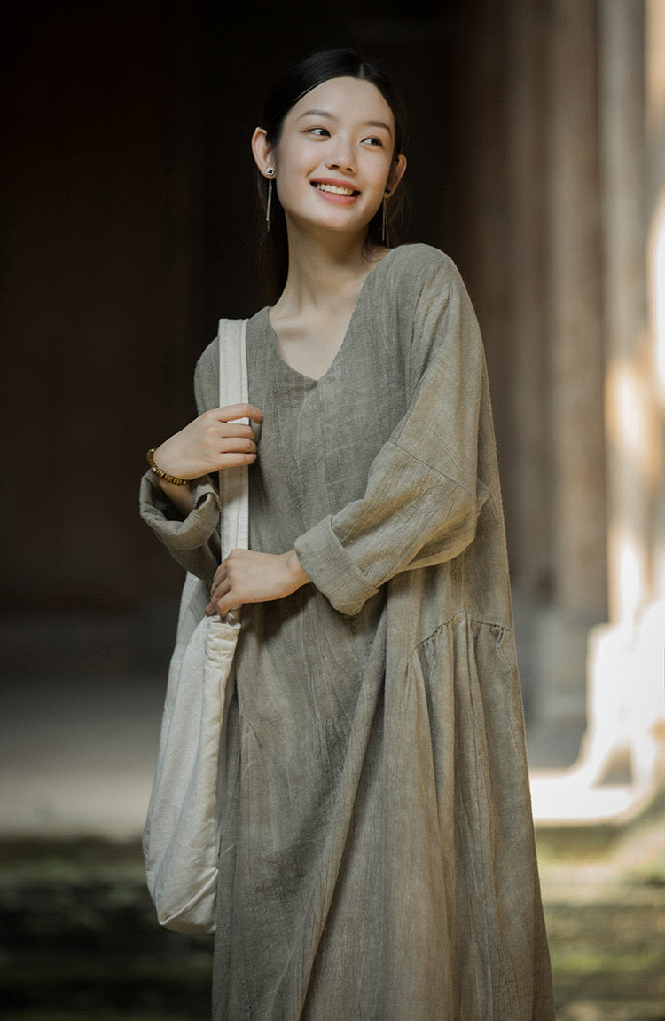 Tao One Tech™ • Zen Artistic Robe Dress • V-Neck • Long-Sleeves • Oversized Relaxed Fit • Tech Pockets • Ramie Cotton