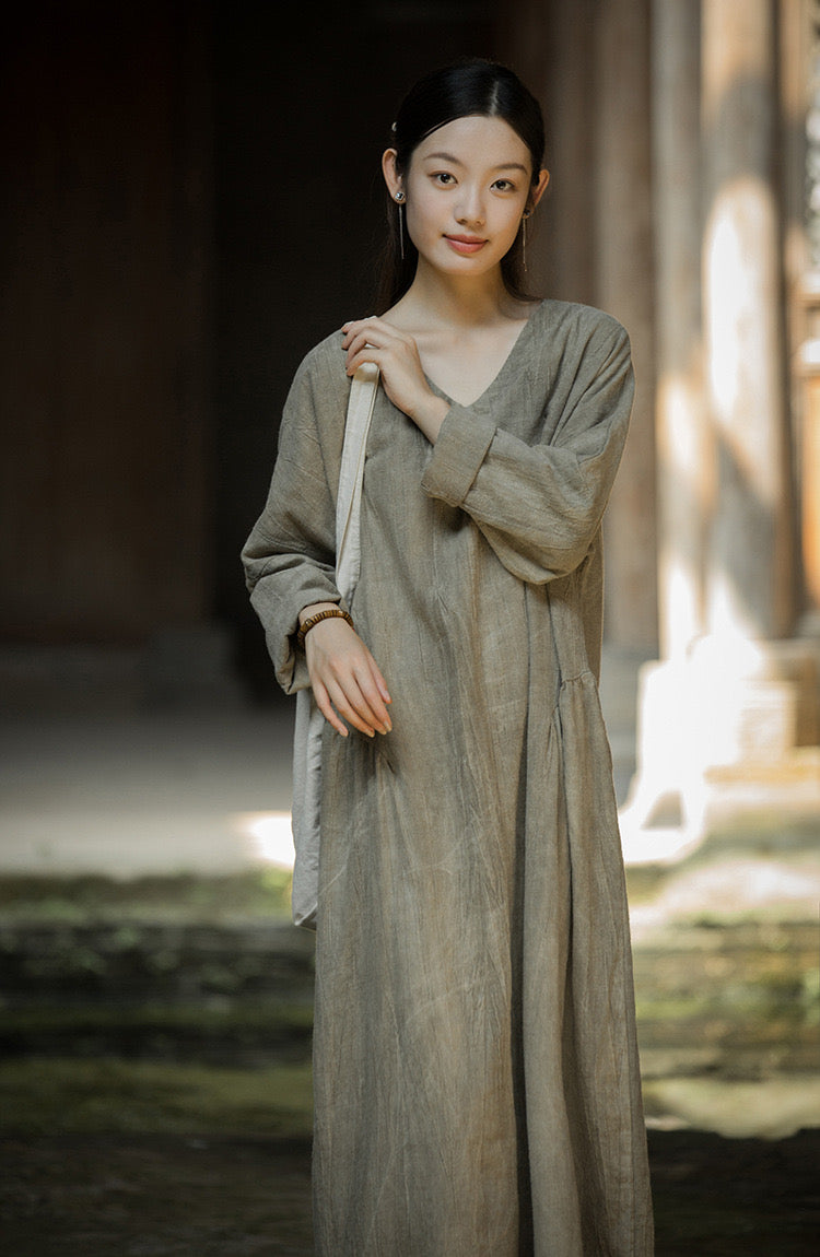 Tao One Tech™ • Zen Artistic Robe Dress • V-Neck • Long-Sleeves • Oversized Relaxed Fit • Tech Pockets • Ramie Cotton