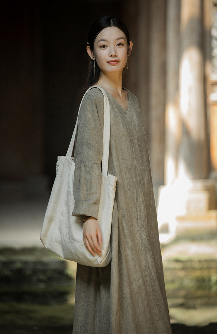 Tao One Tech™ • Zen Artistic Robe Dress • V-Neck • Long-Sleeves • Oversized Relaxed Fit • Tech Pockets • Ramie Cotton