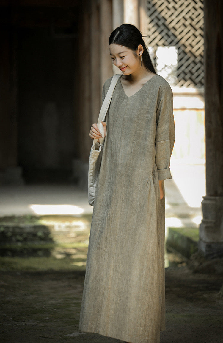 Tao One Tech™ • Zen Artistic Robe Dress • V-Neck • Long-Sleeves • Oversized Relaxed Fit • Tech Pockets • Ramie Cotton