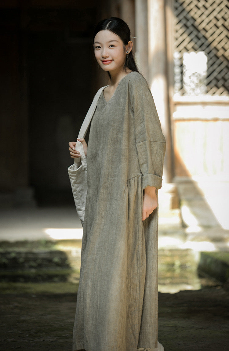 Tao One Tech™ • Zen Artistic Robe Dress • V-Neck • Long-Sleeves • Oversized Relaxed Fit • Tech Pockets • Ramie Cotton