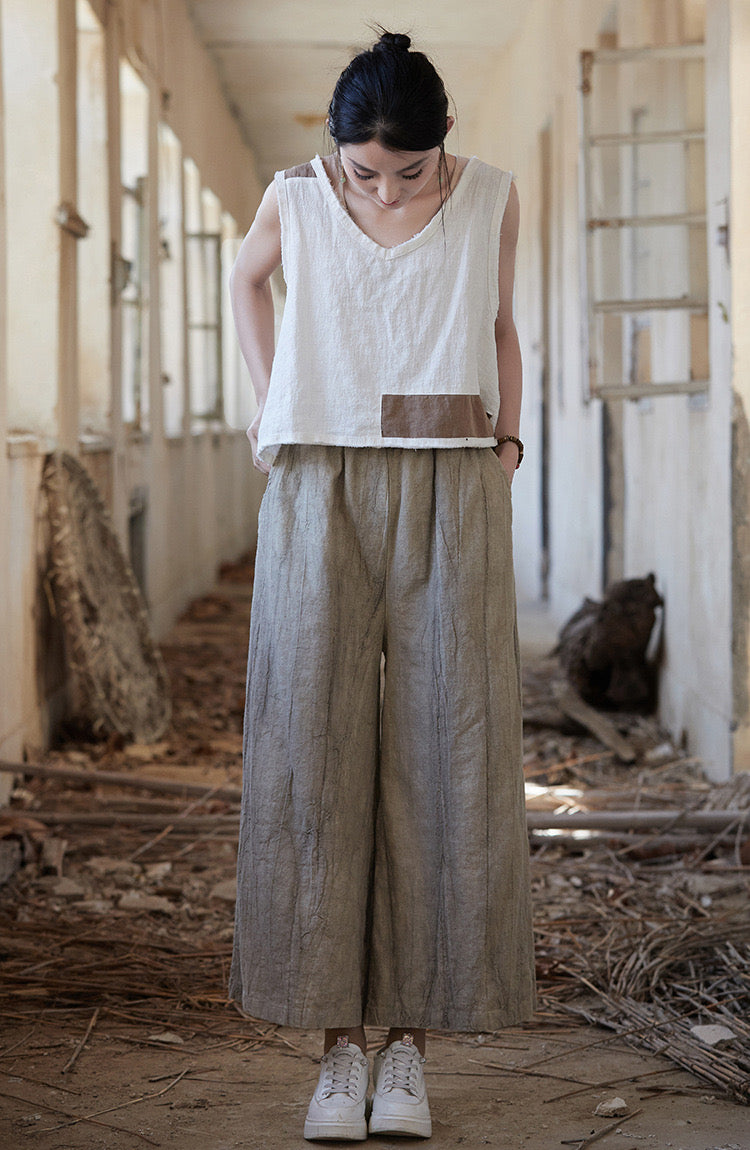 Tao One Tech™ • Flowy Cropped Pants • Tie Dye Folds • Tech Pockets • Ramie Cotton