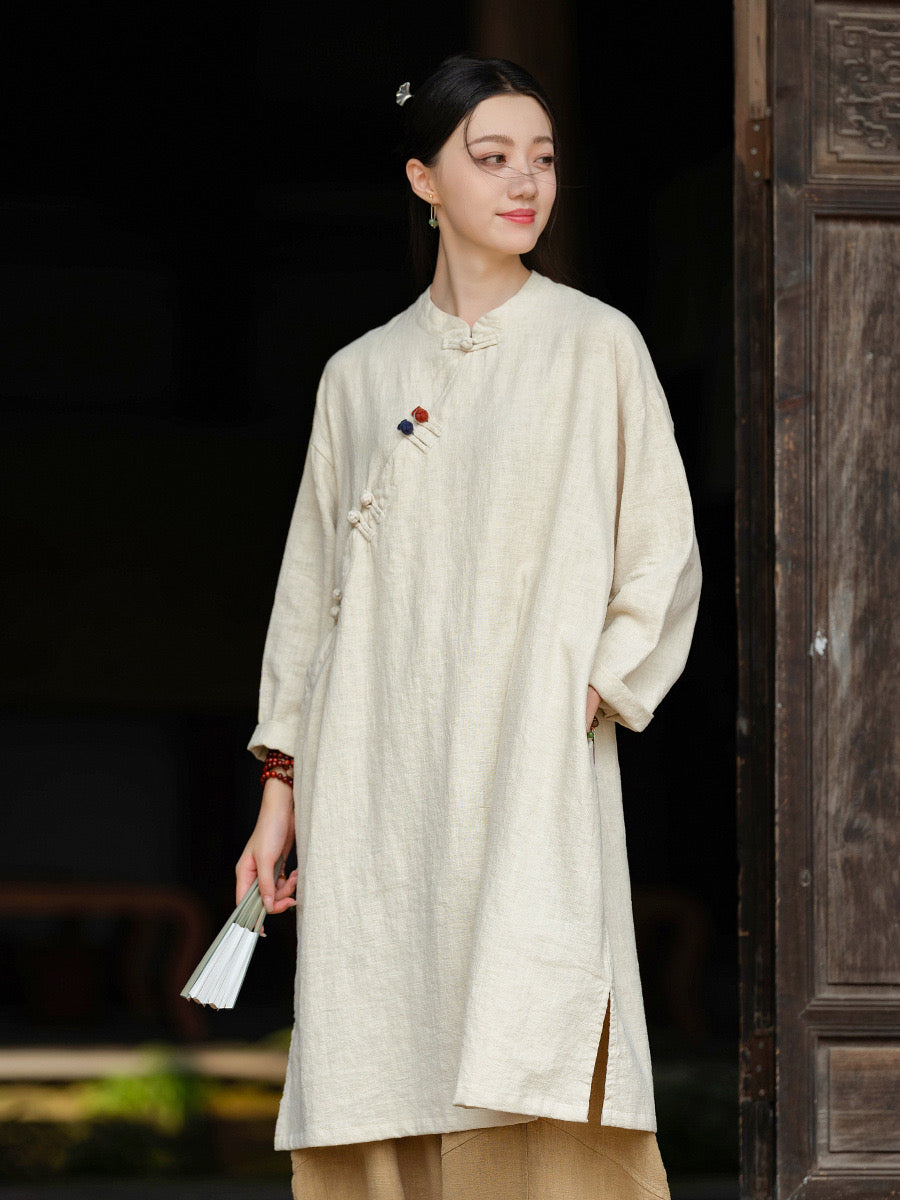 Tao One Tech™ • Zen Cheongsam Robe • Long Shirt Robe Dress • V-Neck • 5 Buttons • Tech Pockets • Ramie Cotton • Gender Neutral