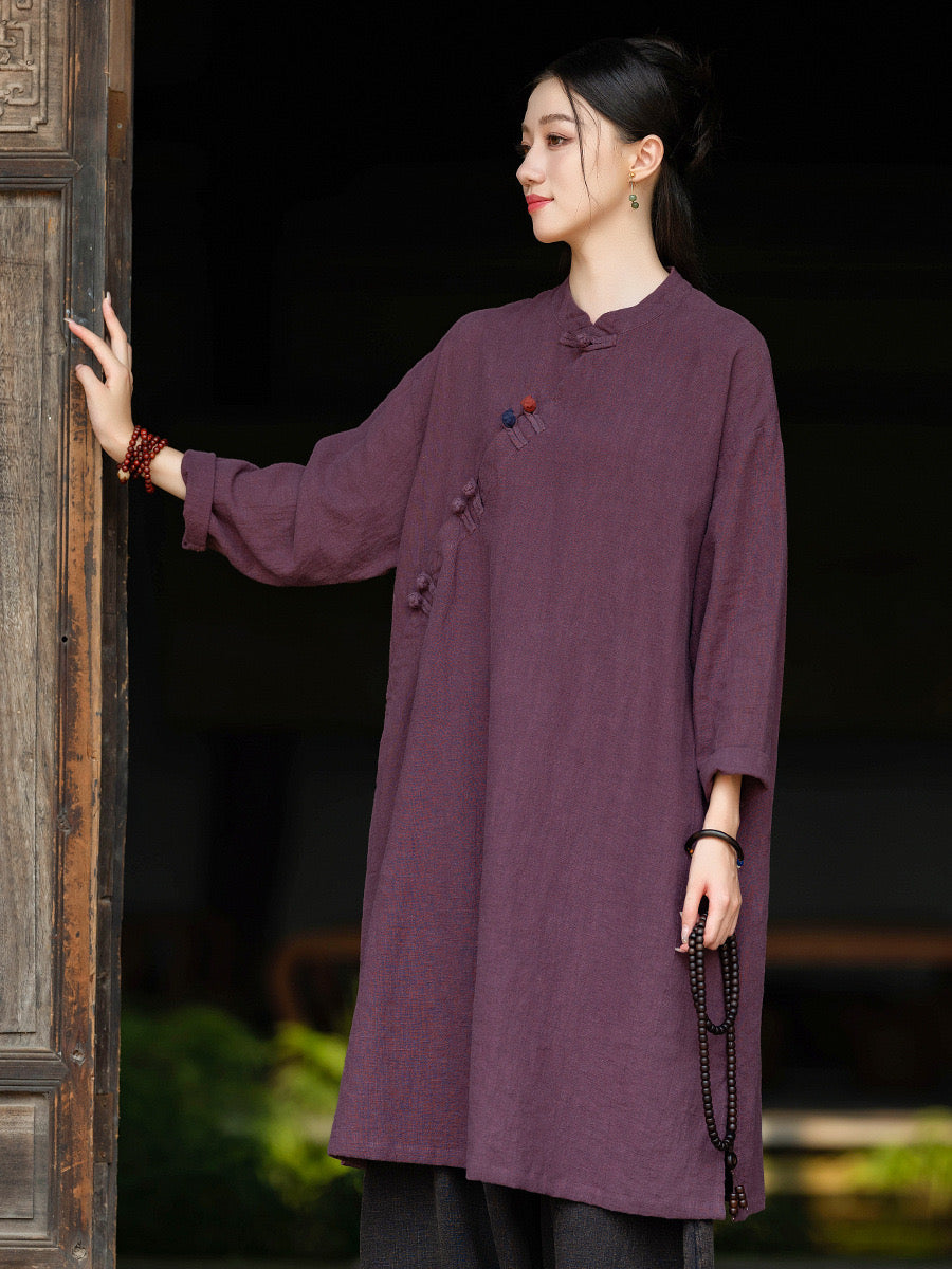 Tao One Tech™ • Zen Cheongsam Robe • Long Shirt Robe Dress • V-Neck • 5 Buttons • Tech Pockets • Ramie Cotton • Gender Neutral