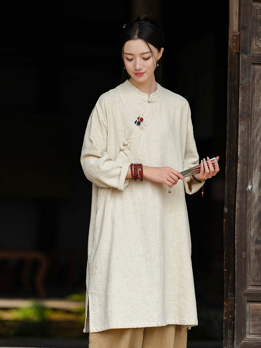 Tao One Tech™ • Zen Cheongsam Robe • Long Shirt Robe Dress • V-Neck • 5 Buttons • Tech Pockets • Ramie Cotton • Gender Neutral