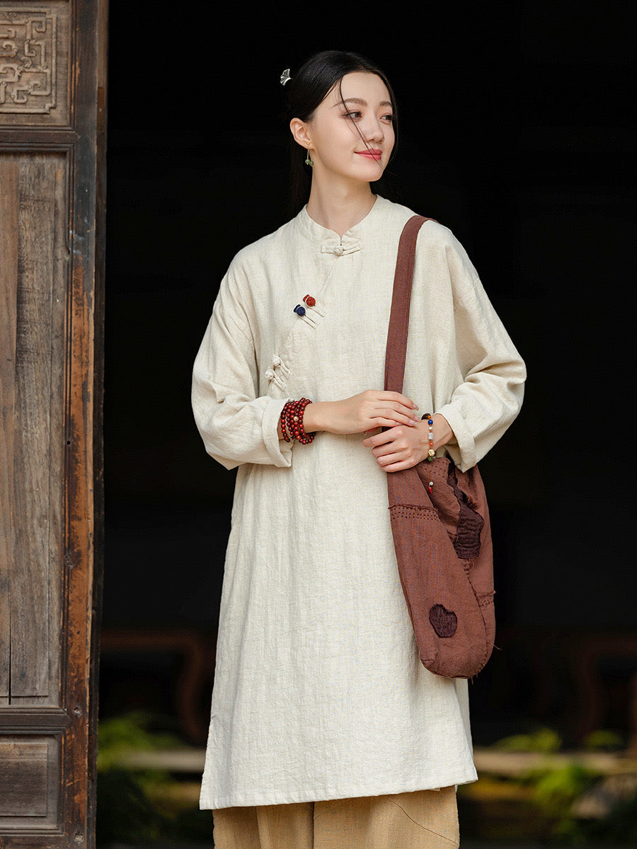 Tao One Tech™ • Zen Cheongsam Robe • Long Shirt Robe Dress • V-Neck • 5 Buttons • Tech Pockets • Ramie Cotton • Gender Neutral