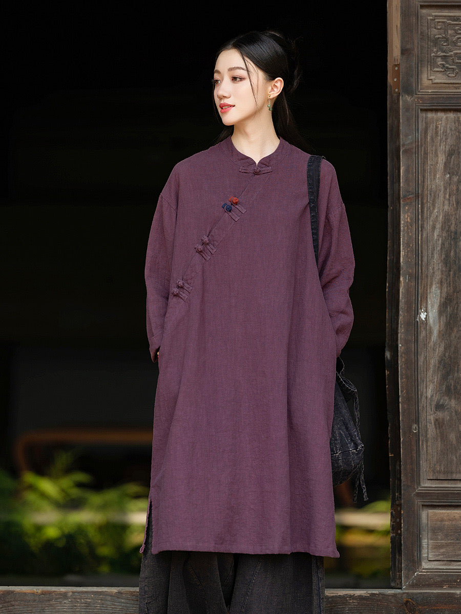 Tao One Tech™ • Zen Cheongsam Robe • Long Shirt Robe Dress • V-Neck • 5 Buttons • Tech Pockets • Ramie Cotton • Gender Neutral