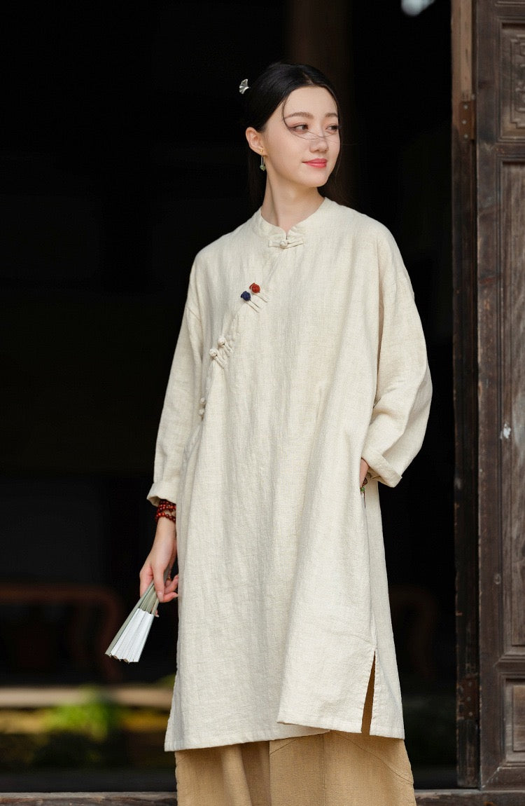 Tao One Tech™ • Zen Cheongsam Robe • Long Shirt Robe Dress • V-Neck • 5 Buttons • Tech Pockets • Ramie Cotton • Gender Neutral