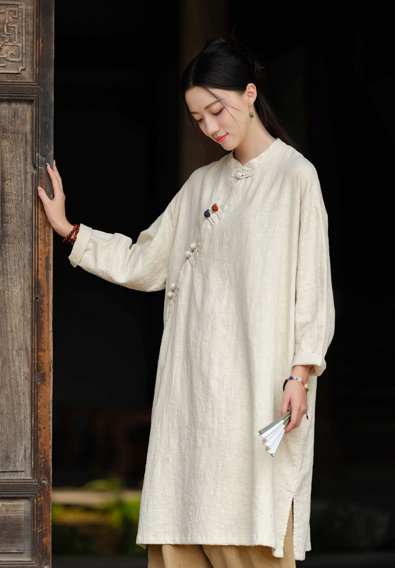 Tao One Tech™ • Zen Cheongsam Robe • Long Shirt Robe Dress • V-Neck • 5 Buttons • Tech Pockets • Ramie Cotton • Gender Neutral