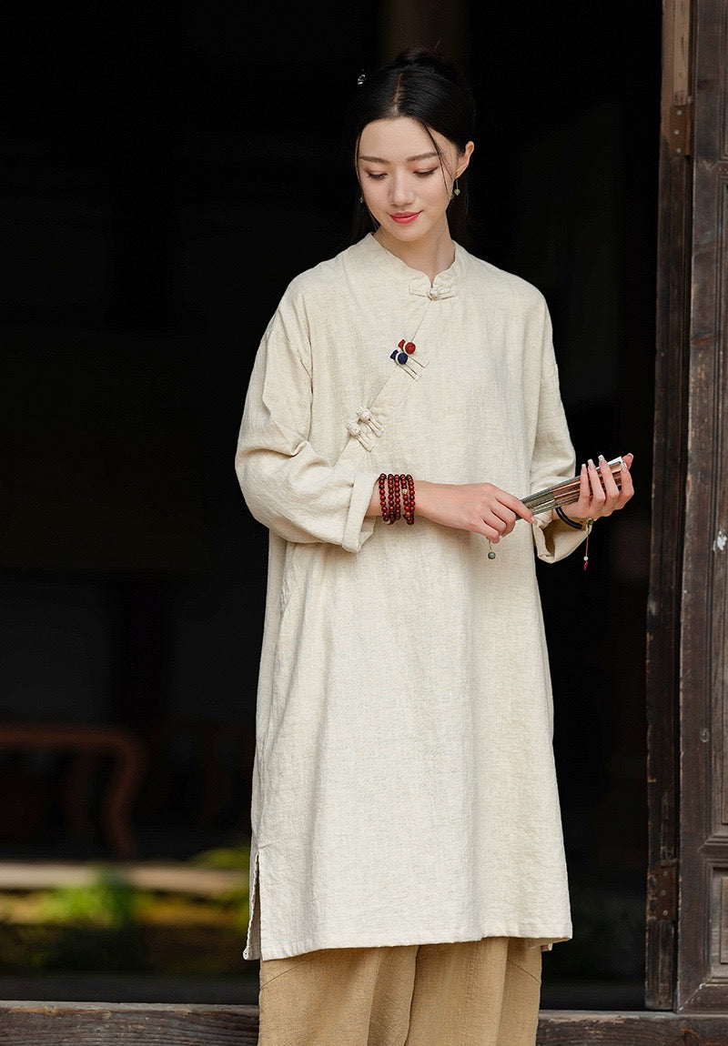 Tao One Tech™ • Zen Cheongsam Robe • Long Shirt Robe Dress • V-Neck • 5 Buttons • Tech Pockets • Ramie Cotton • Gender Neutral