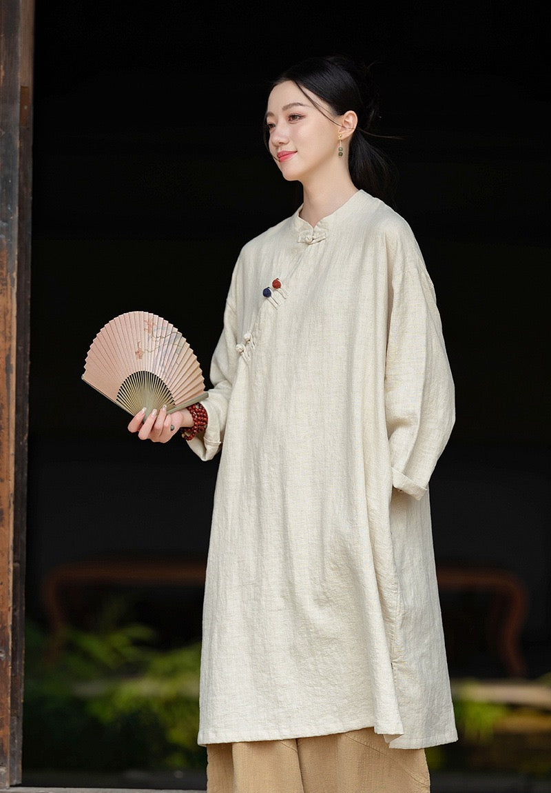 Tao One Tech™ • Zen Cheongsam Robe • Long Shirt Robe Dress • V-Neck • 5 Buttons • Tech Pockets • Ramie Cotton • Gender Neutral