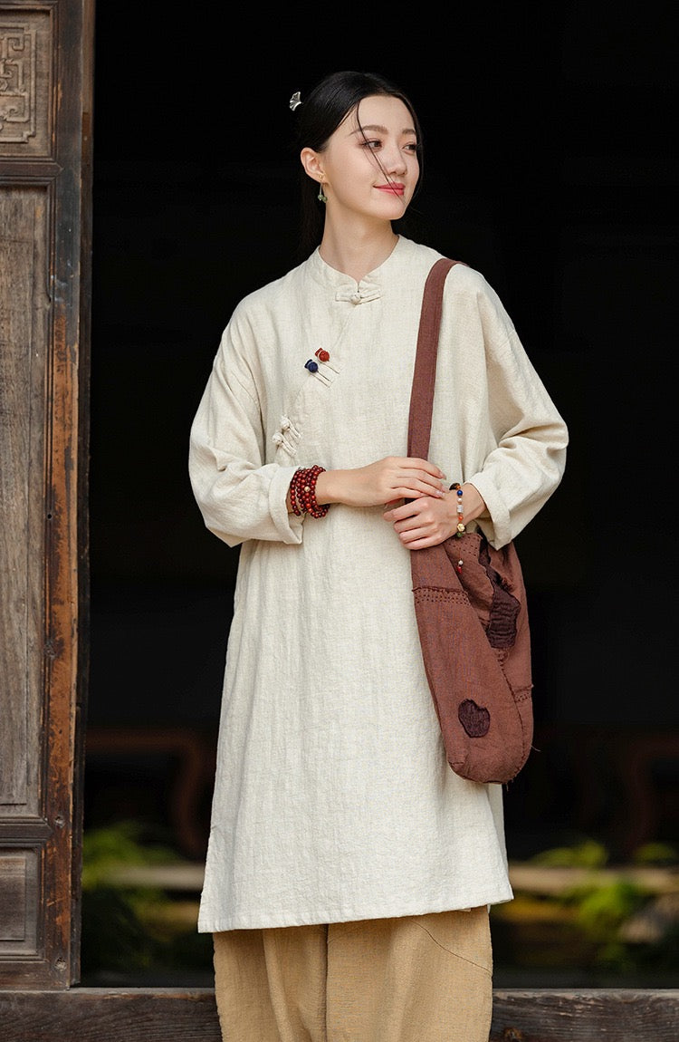 Tao One Tech™ • Zen Cheongsam Robe • Long Shirt Robe Dress • V-Neck • 5 Buttons • Tech Pockets • Ramie Cotton • Gender Neutral