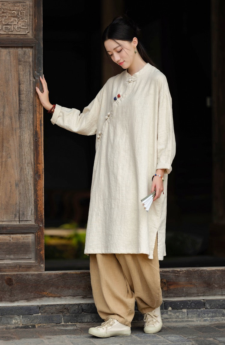 Tao One Tech™ • Zen Cheongsam Robe • Long Shirt Robe Dress • V-Neck • 5 Buttons • Tech Pockets • Ramie Cotton • Gender Neutral