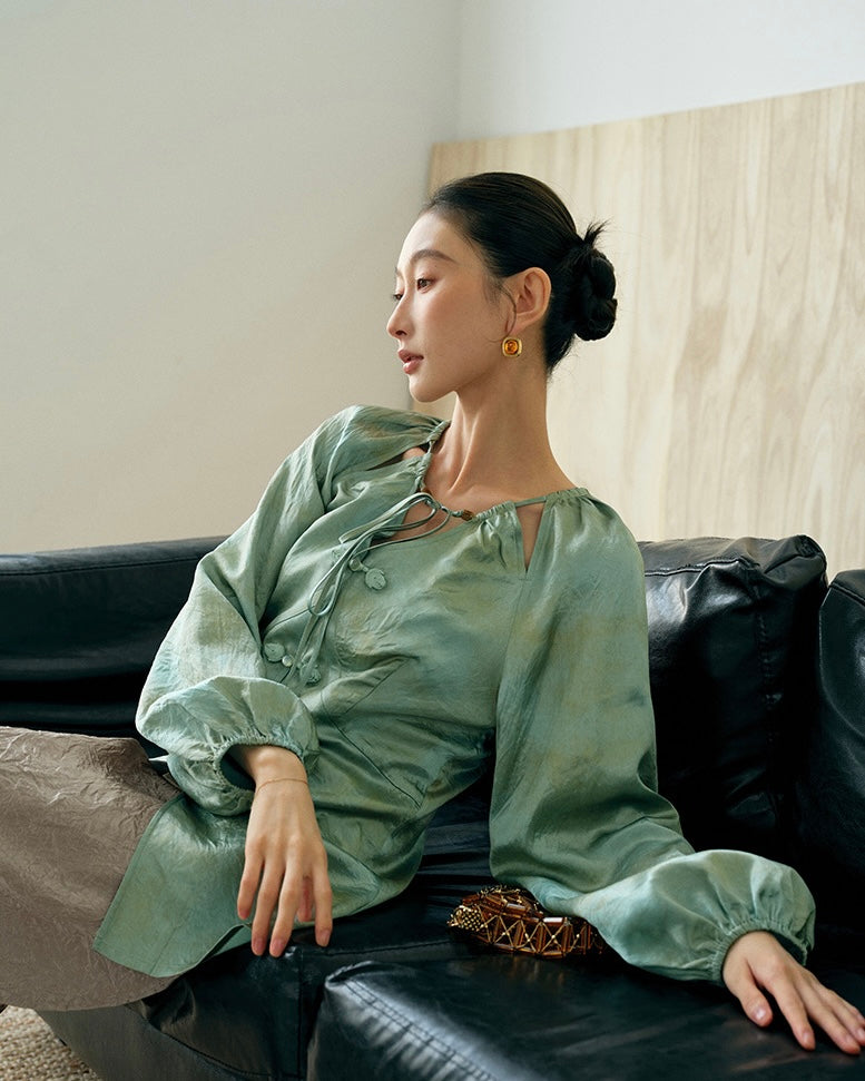 Tao One Tech™ • Golden Jade Liquid Shirt • Golden Flower Sky Art • Elegant Lantern Sleeves