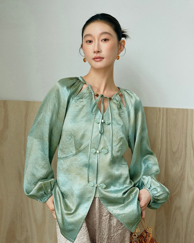 Tao One Tech™ • Golden Jade Liquid Shirt • Golden Flower Sky Art • Elegant Lantern Sleeves