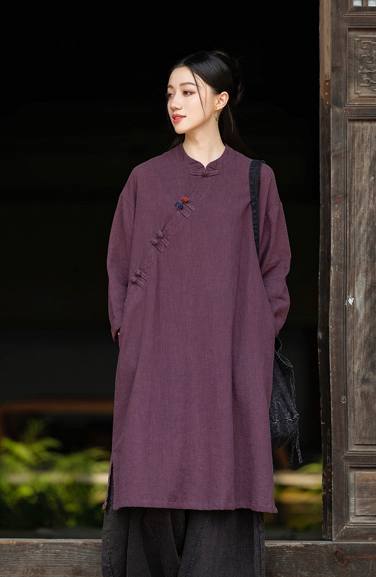 Tao One Tech™ • Zen Cheongsam Robe • Long Shirt Robe Dress • V-Neck • 5 Buttons • Tech Pockets • Ramie Cotton • Gender Neutral