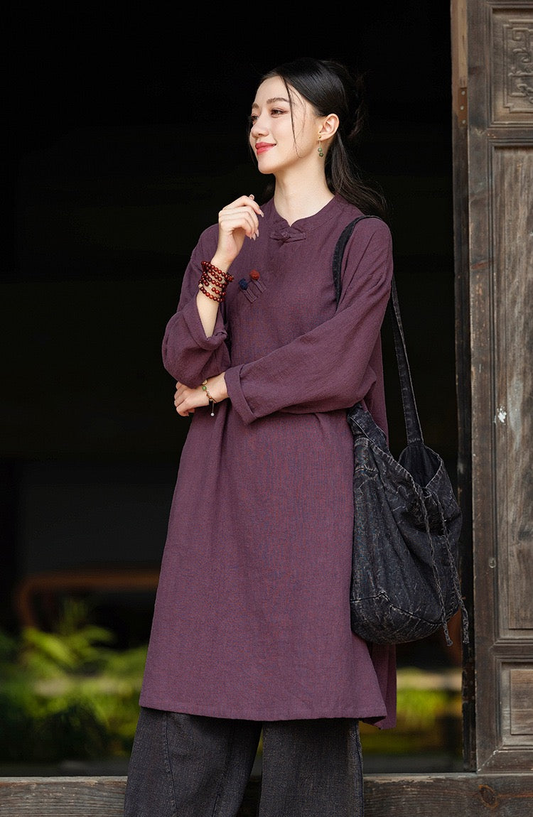 Tao One Tech™ • Zen Cheongsam Robe • Long Shirt Robe Dress • V-Neck • 5 Buttons • Tech Pockets • Ramie Cotton • Gender Neutral