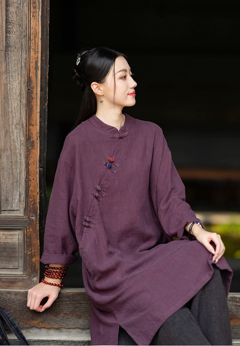 Tao One Tech™ • Zen Cheongsam Robe • Long Shirt Robe Dress • V-Neck • 5 Buttons • Tech Pockets • Ramie Cotton • Gender Neutral