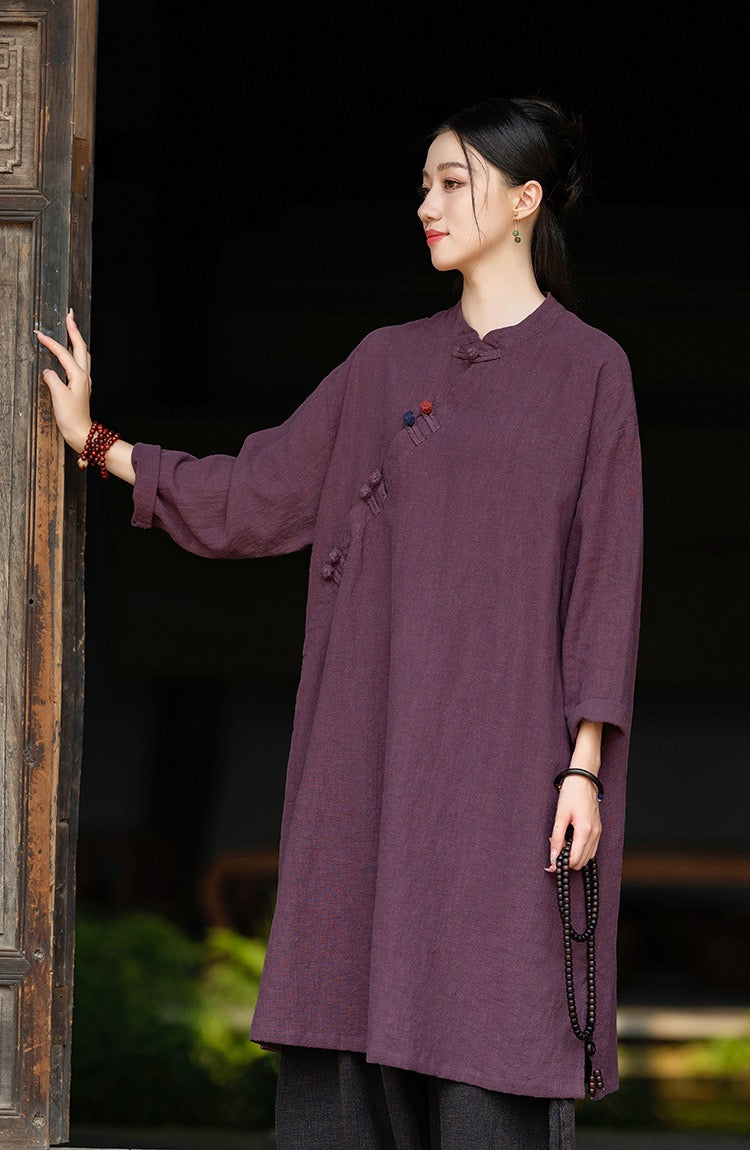 Tao One Tech™ • Zen Cheongsam Robe • Long Shirt Robe Dress • V-Neck • 5 Buttons • Tech Pockets • Ramie Cotton • Gender Neutral