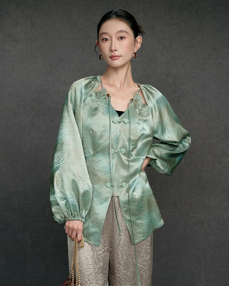 Tao One Tech™ • Golden Jade Liquid Shirt • Golden Flower Sky Art • Elegant Lantern Sleeves