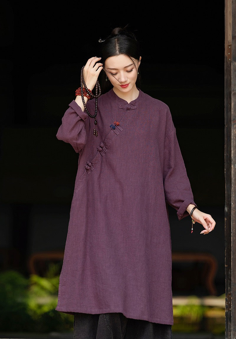 Tao One Tech™ • Zen Cheongsam Robe • Long Shirt Robe Dress • V-Neck • 5 Buttons • Tech Pockets • Ramie Cotton • Gender Neutral