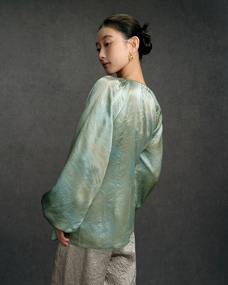 Tao One Tech™ • Golden Jade Liquid Shirt • Golden Flower Sky Art • Elegant Lantern Sleeves