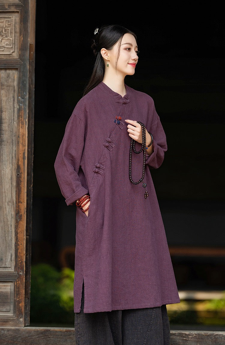 Tao One Tech™ • Zen Cheongsam Robe • Long Shirt Robe Dress • V-Neck • 5 Buttons • Tech Pockets • Ramie Cotton • Gender Neutral