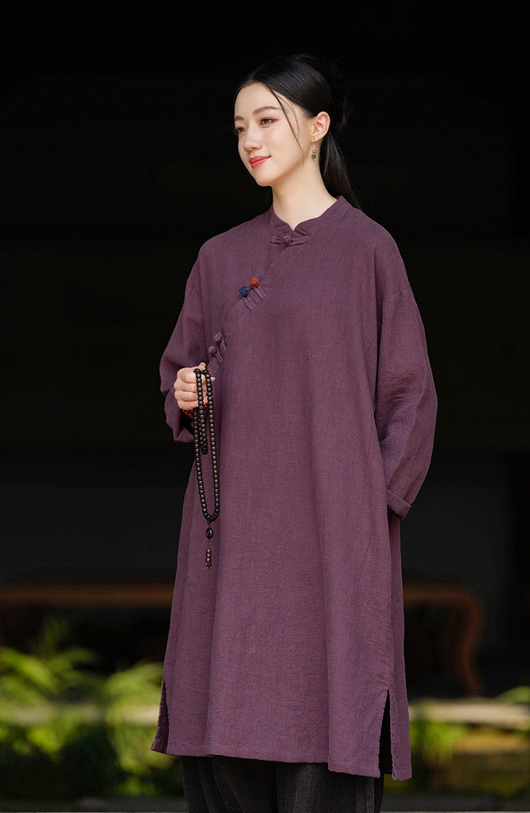 Tao One Tech™ • Zen Cheongsam Robe • Long Shirt Robe Dress • V-Neck • 5 Buttons • Tech Pockets • Ramie Cotton • Gender Neutral