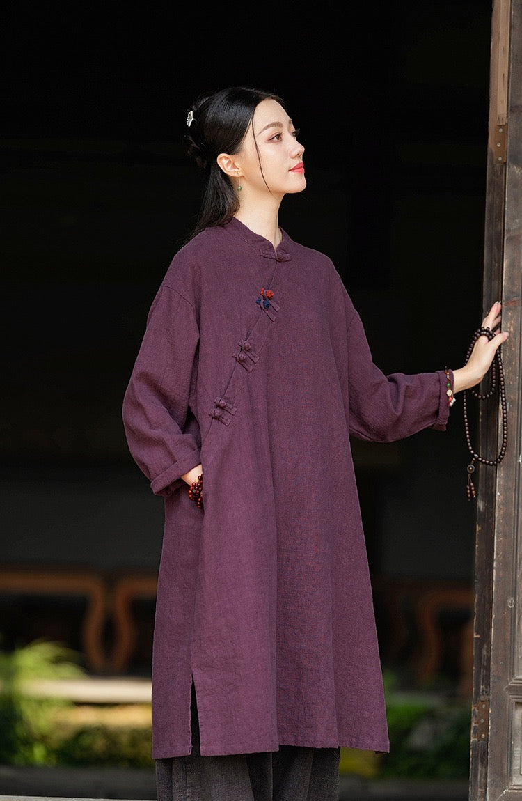 Tao One Tech™ • Zen Cheongsam Robe • Long Shirt Robe Dress • V-Neck • 5 Buttons • Tech Pockets • Ramie Cotton • Gender Neutral