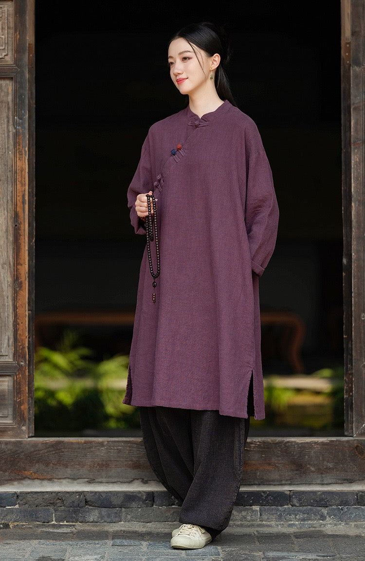 Tao One Tech™ • Zen Cheongsam Robe • Long Shirt Robe Dress • V-Neck • 5 Buttons • Tech Pockets • Ramie Cotton • Gender Neutral