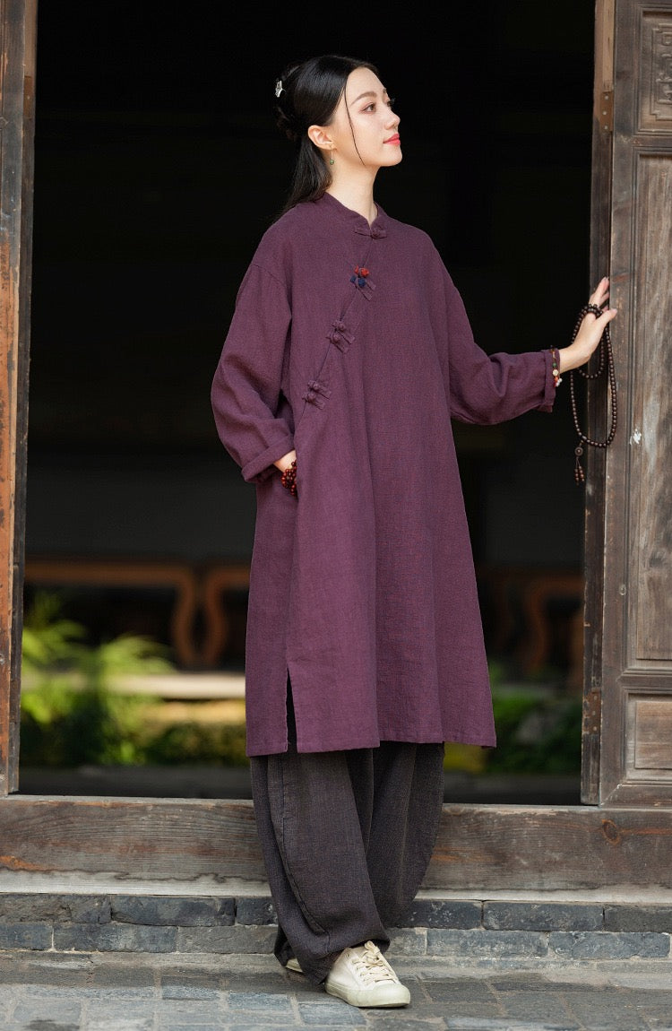 Tao One Tech™ • Zen Cheongsam Robe • Long Shirt Robe Dress • V-Neck • 5 Buttons • Tech Pockets • Ramie Cotton • Gender Neutral