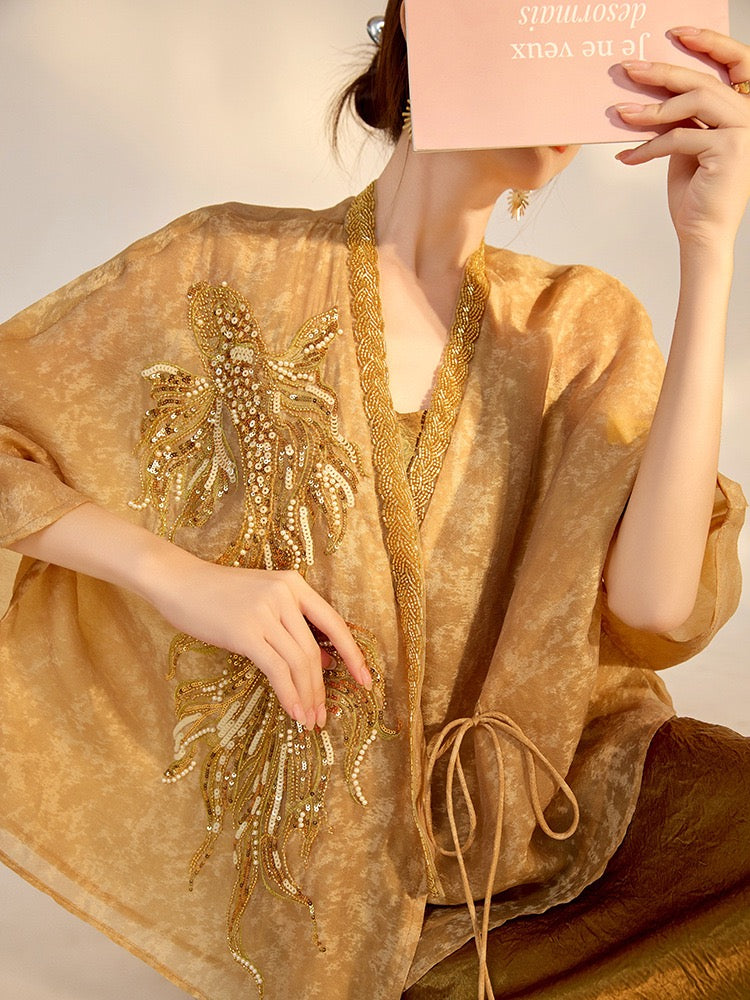 Tao One Tech™ • Golden Champagne Floral Kimono • Floral Embroidery Bead Art • Vegan Silk • Flowy