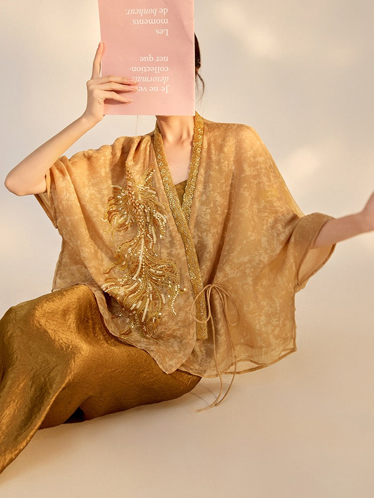 Tao One Tech™ • Golden Champagne Floral Kimono • Floral Embroidery Bead Art • Vegan Silk • Flowy