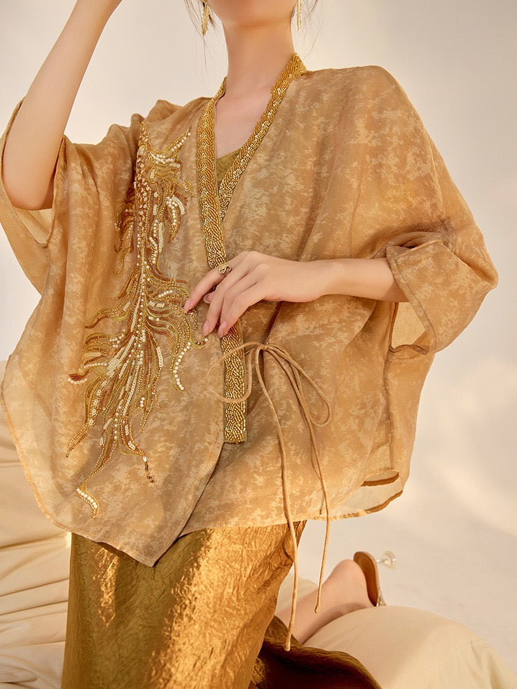 Tao One Tech™ • Golden Champagne Floral Kimono • Floral Embroidery Bead Art • Vegan Silk • Flowy