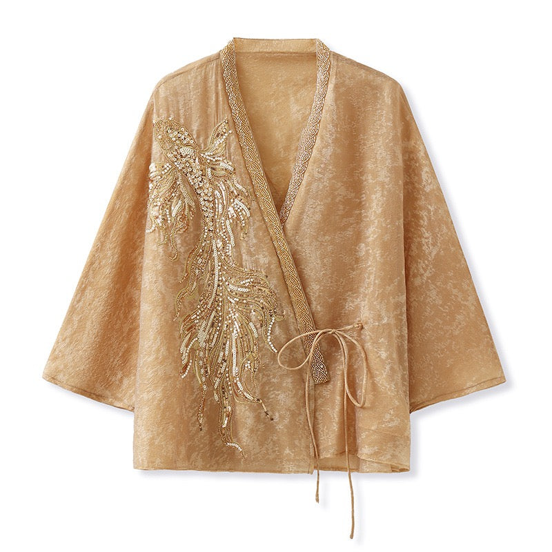 Tao One Tech™ • Golden Champagne Floral Kimono • Floral Embroidery Bead Art • Vegan Silk • Flowy