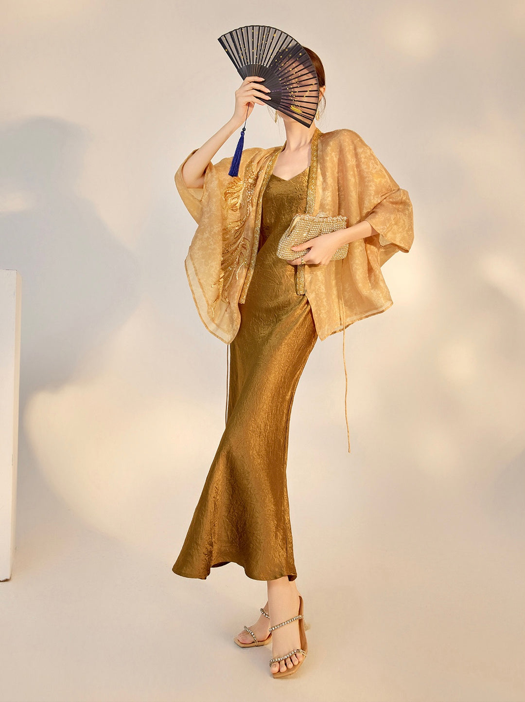 Tao One Tech™ • Golden Champagne Floral Kimono • Floral Embroidery Bead Art • Vegan Silk • Flowy