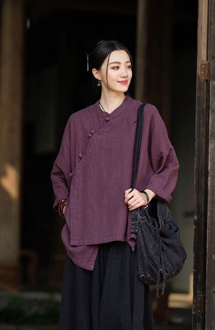 Tao One Tech™ • Zen Tea Meditation Kimono Wrap Shirt • Cardigan Jacket • 5 Buttons • Ramie Cotton