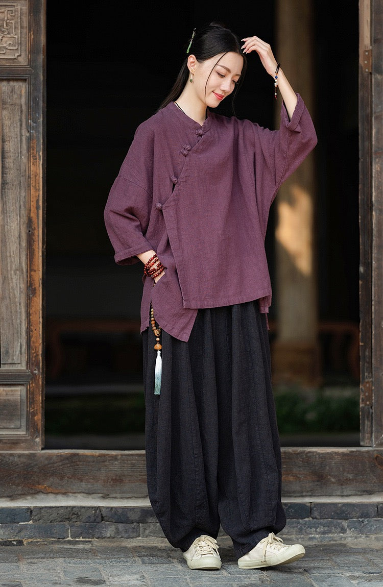 Tao One Tech™ • Zen Tea Meditation Kimono Wrap Shirt • Cardigan Jacket • 5 Buttons • Ramie Cotton