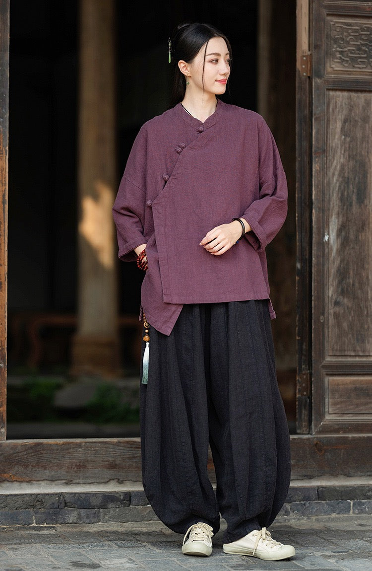 Tao One Tech™ • Zen Tea Meditation Kimono Wrap Shirt • Cardigan Jacket • 5 Buttons • Ramie Cotton