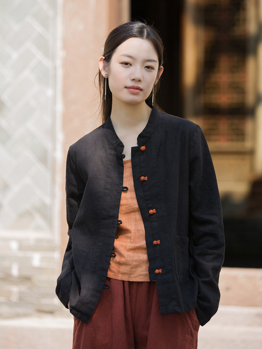 Tao One Tech™ • Zen Elegance Tea Contrast Jacket • Cardigan • Tang Suit • 5 Contrast Buttons • Ramie Cotton