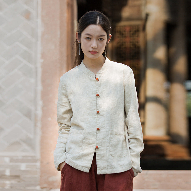 Tao One Tech™ • Zen Elegance Tea Contrast Jacket • Cardigan • Tang Suit • 5 Contrast Buttons • Ramie Cotton