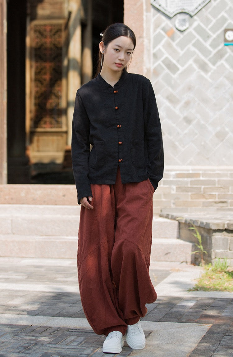 Tao One Tech™ • Zen Elegance Tea Contrast Jacket • Cardigan • Tang Suit • 5 Contrast Buttons • Ramie Cotton