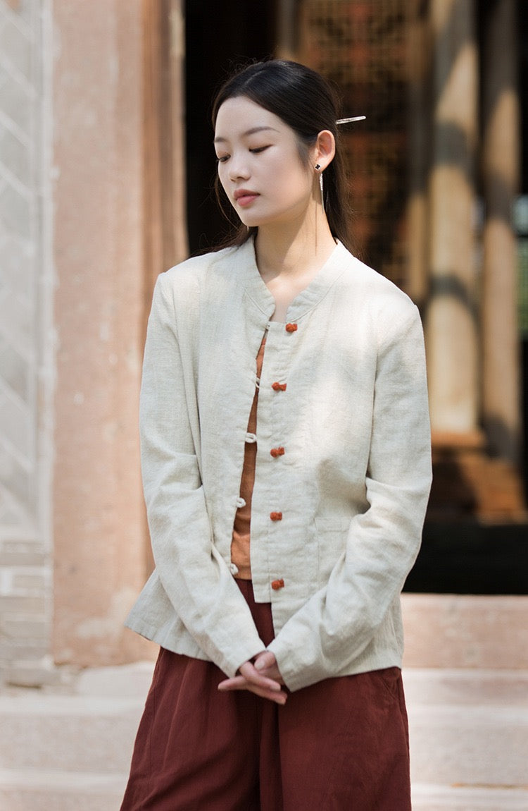 Tao One Tech™ • Zen Elegance Tea Contrast Jacket • Cardigan • Tang Suit • 5 Contrast Buttons • Ramie Cotton