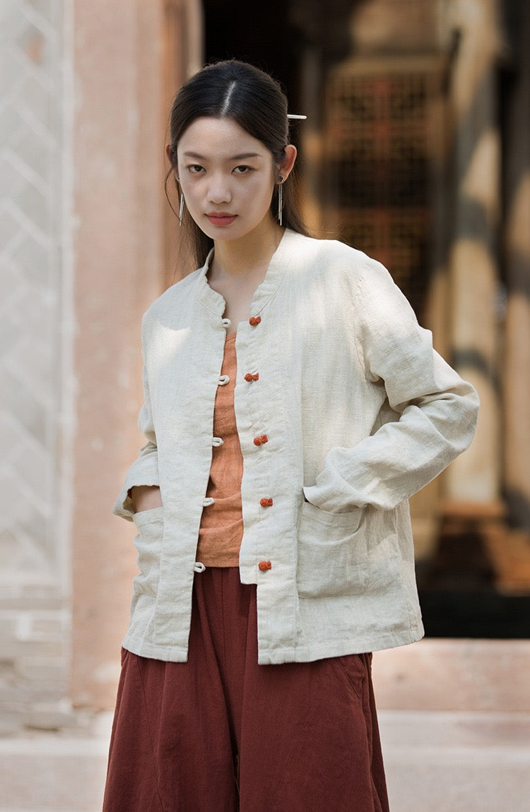 Tao One Tech™ • Zen Elegance Tea Contrast Jacket • Cardigan • Tang Suit • 5 Contrast Buttons • Ramie Cotton