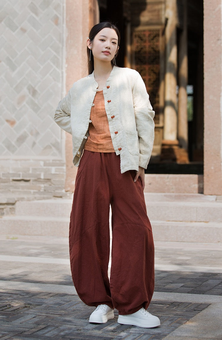 Tao One Tech™ • Zen Elegance Tea Contrast Jacket • Cardigan • Tang Suit • 5 Contrast Buttons • Ramie Cotton