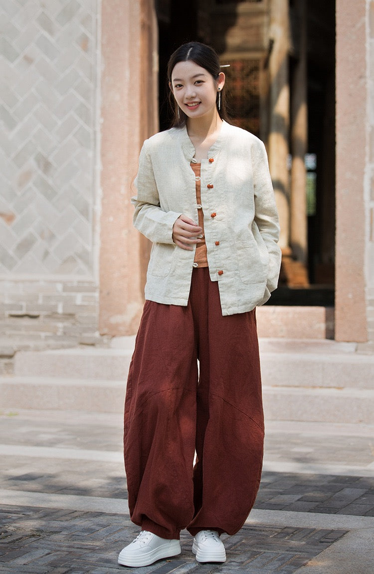 Tao One Tech™ • Zen Elegance Tea Contrast Jacket • Cardigan • Tang Suit • 5 Contrast Buttons • Ramie Cotton