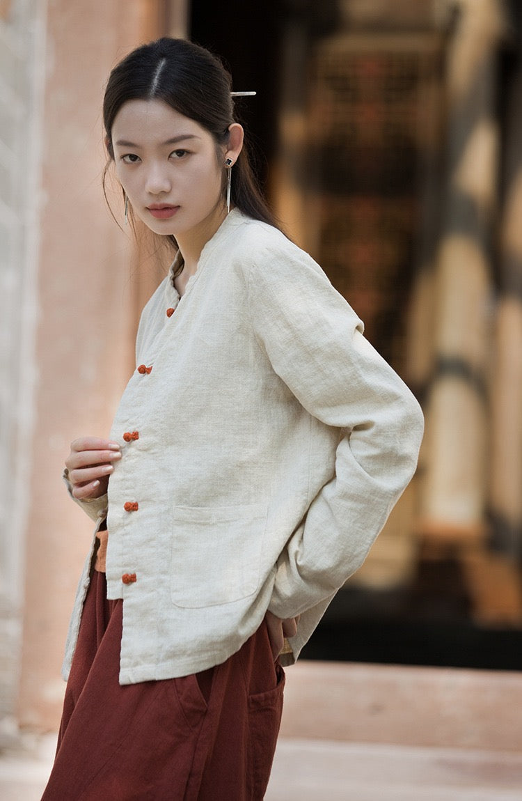 Tao One Tech™ • Zen Elegance Tea Contrast Jacket • Cardigan • Tang Suit • 5 Contrast Buttons • Ramie Cotton