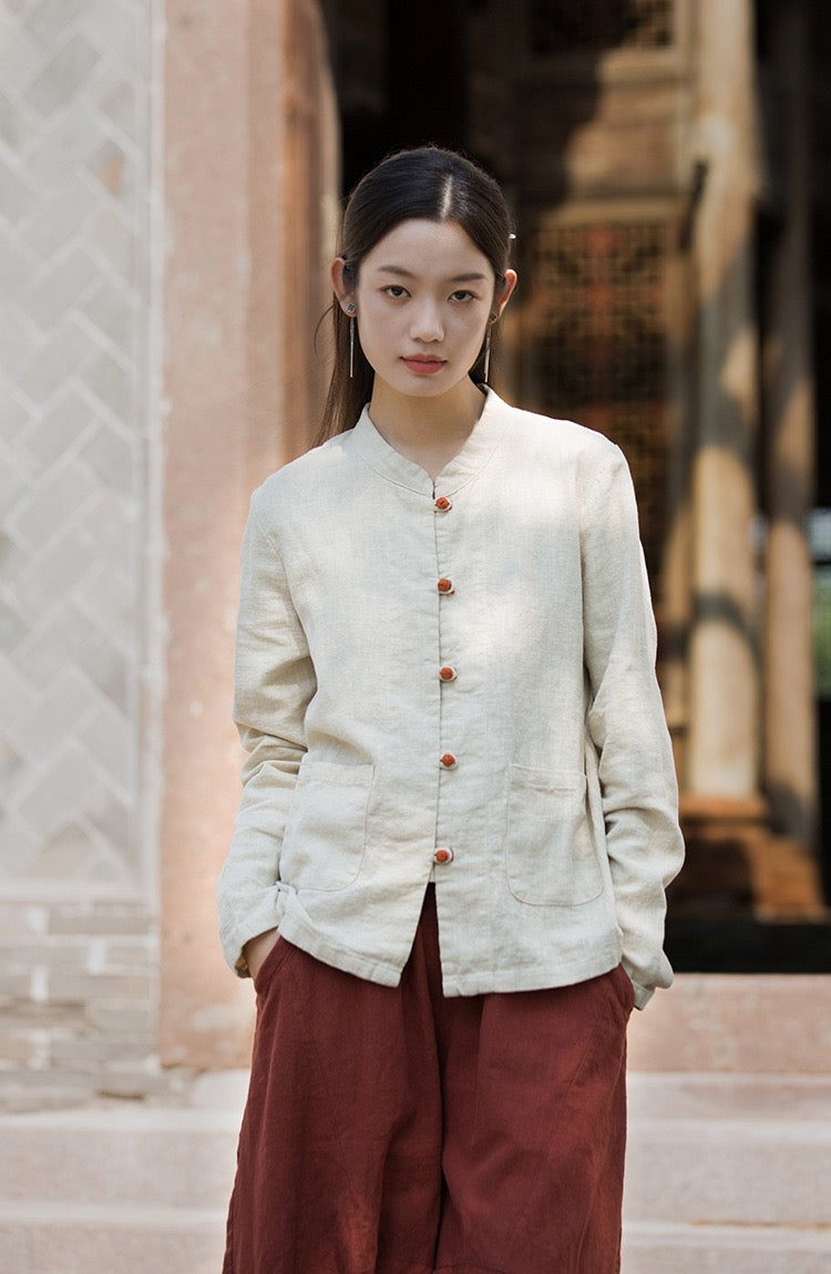 Tao One Tech™ • Zen Elegance Tea Contrast Jacket • Cardigan • Tang Suit • 5 Contrast Buttons • Ramie Cotton